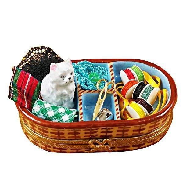Sewing Basket with Cat Porcelain Limoges Home Cat French Trinket Box