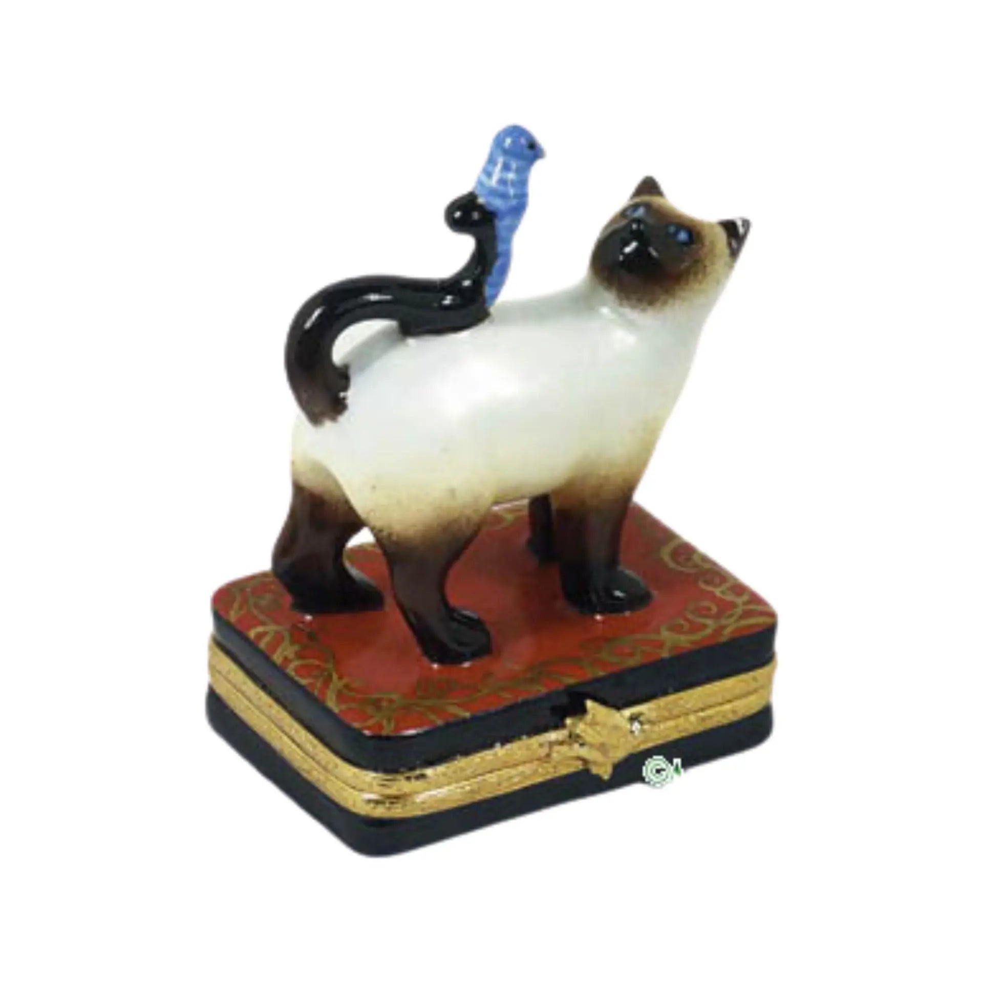 Siamese Cat w Blue Bird - Back Order Porcelain Limoges Cat cats French Trinket Box