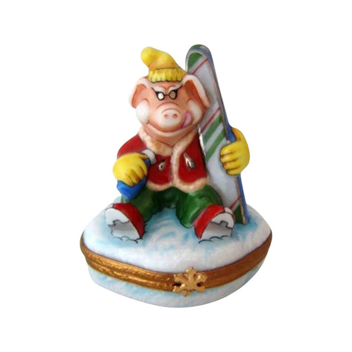 Skiboarding Pig Porcelain Limoges pig sports French Trinket Box