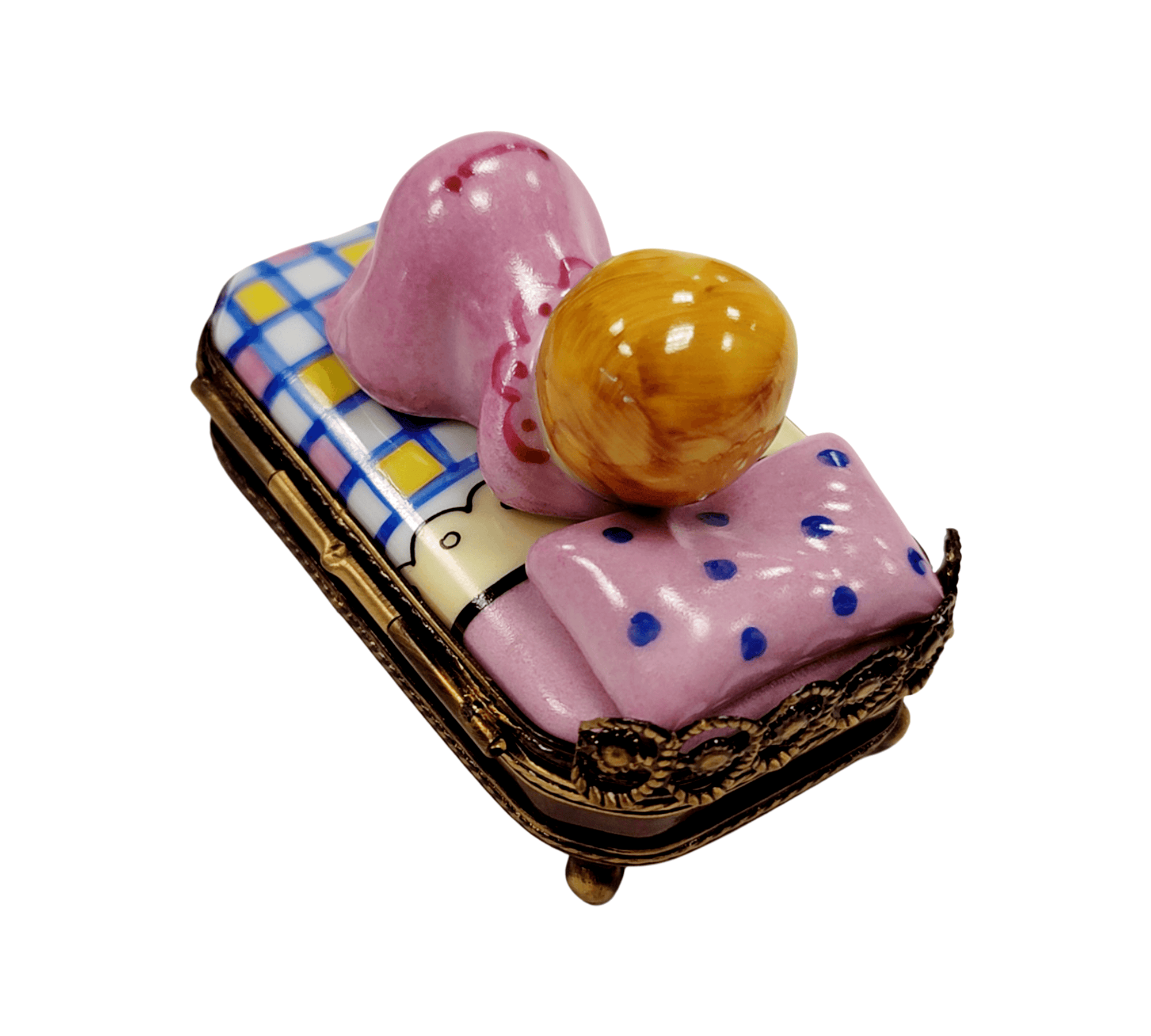 Sleeping Baby in Pink Bed Porcelain Limoges Babies Figurine French Trinket Box