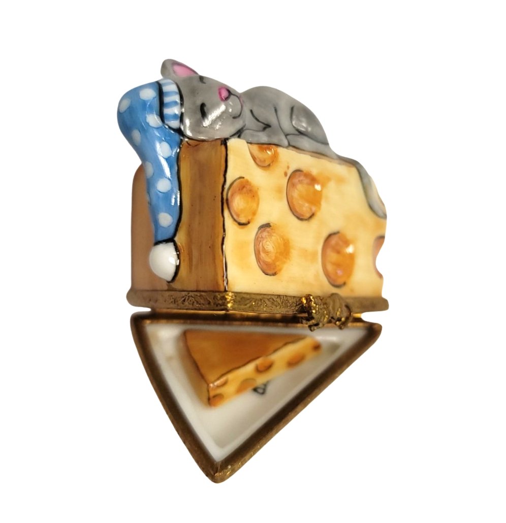 Sleeping Mouse on Cheese Porcelain Limoges mouse food French Trinket Box