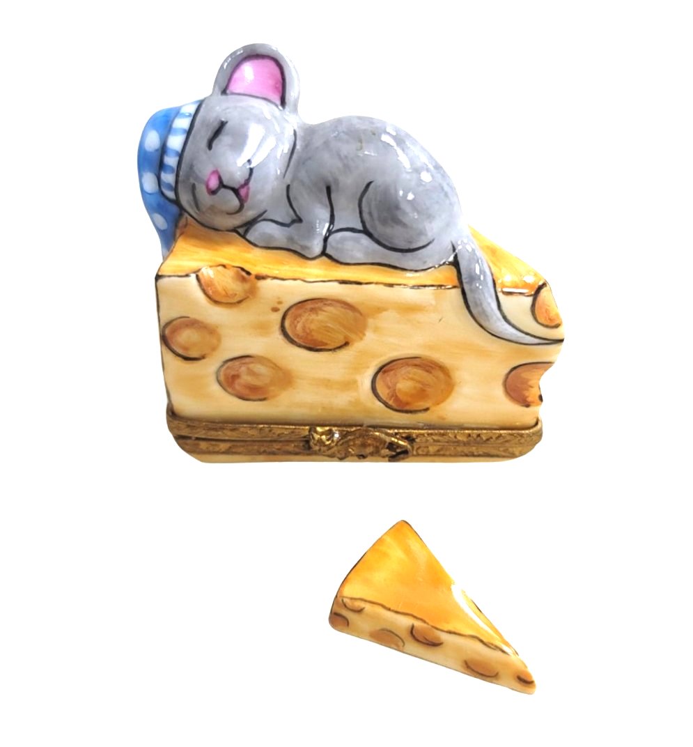 Sleeping Mouse on Cheese Porcelain Limoges mouse food French Trinket Box