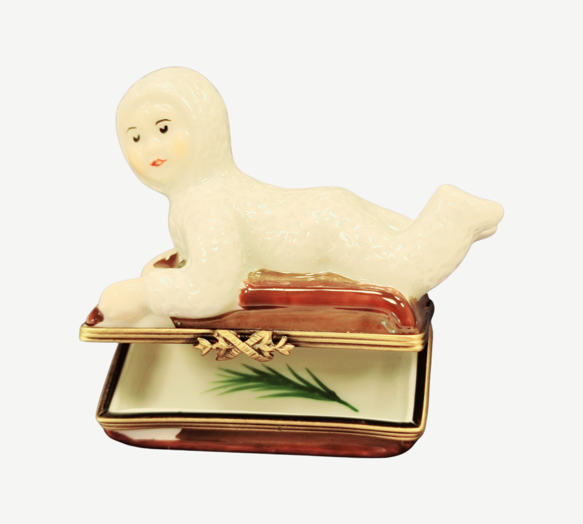 Snowbaby Sledding Adventure Box Porcelain Limoges xmas French Trinket Box