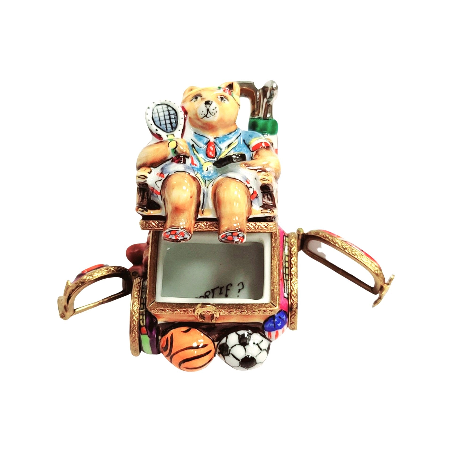 Sports Nut Bear Figurine Porcelain Limoges Sports Bear French Trinket Box