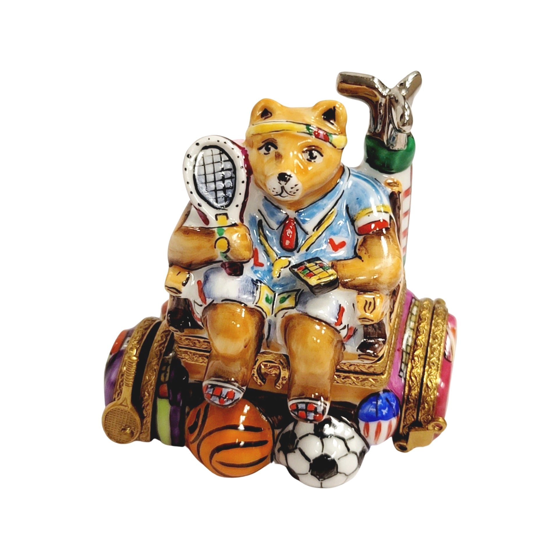 Sports Nut Bear Figurine Porcelain Limoges Sports Bear French Trinket Box