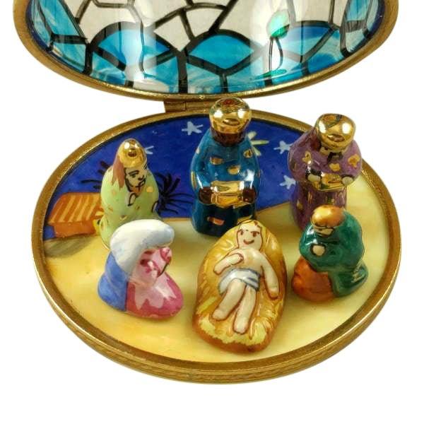 Stained Glass Dome with Nativity Inside Porcelain Limoges nativity French Trinket Box