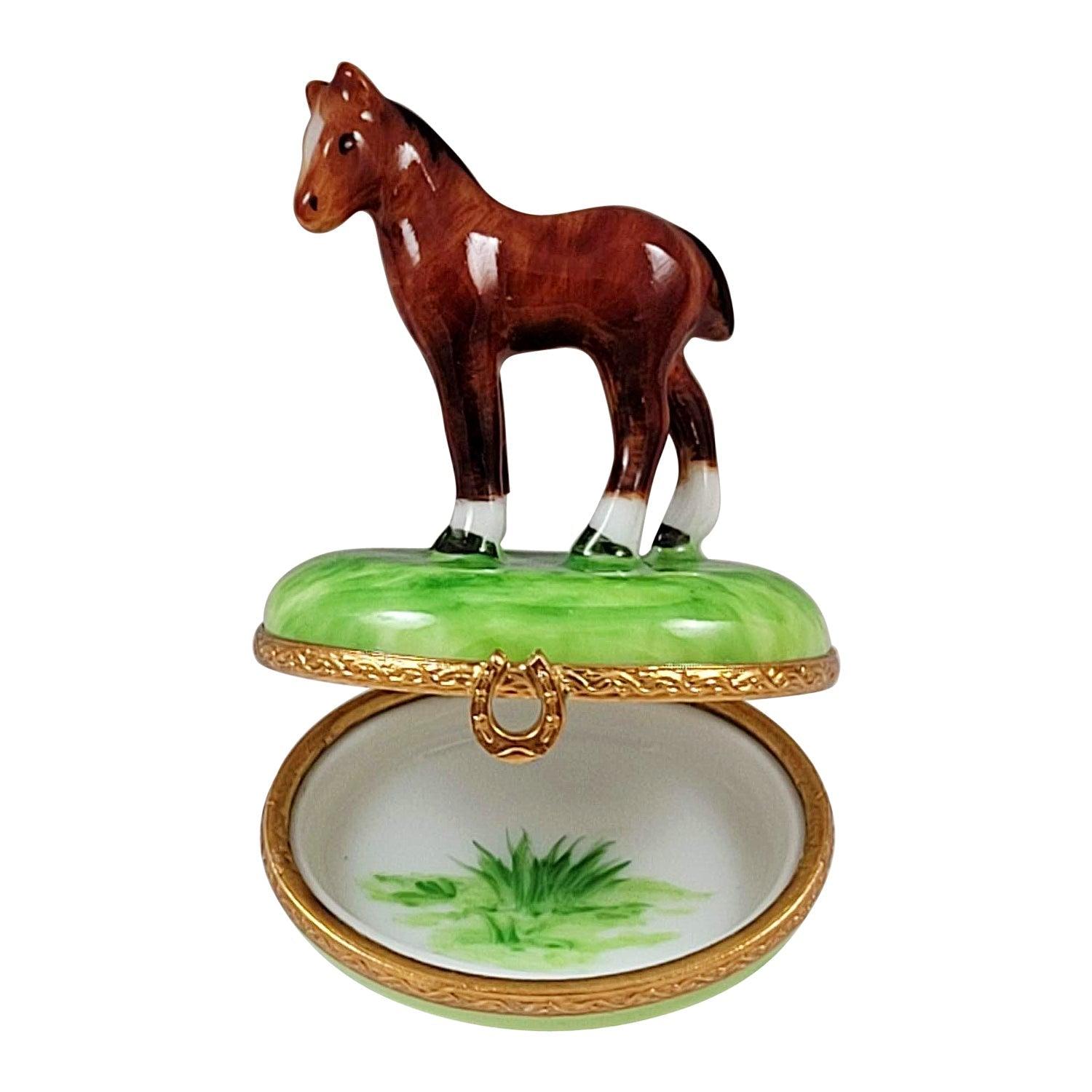 Standing Mini Horse with a Removable Brass Horseshoe Porcelain Limoges farm wild animals French Trinket Box