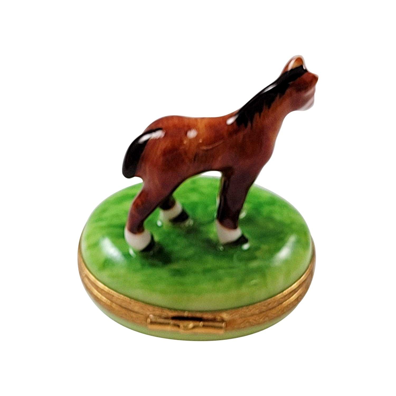 Standing Mini Horse with a Removable Brass Horseshoe Porcelain Limoges farm wild animals French Trinket Box
