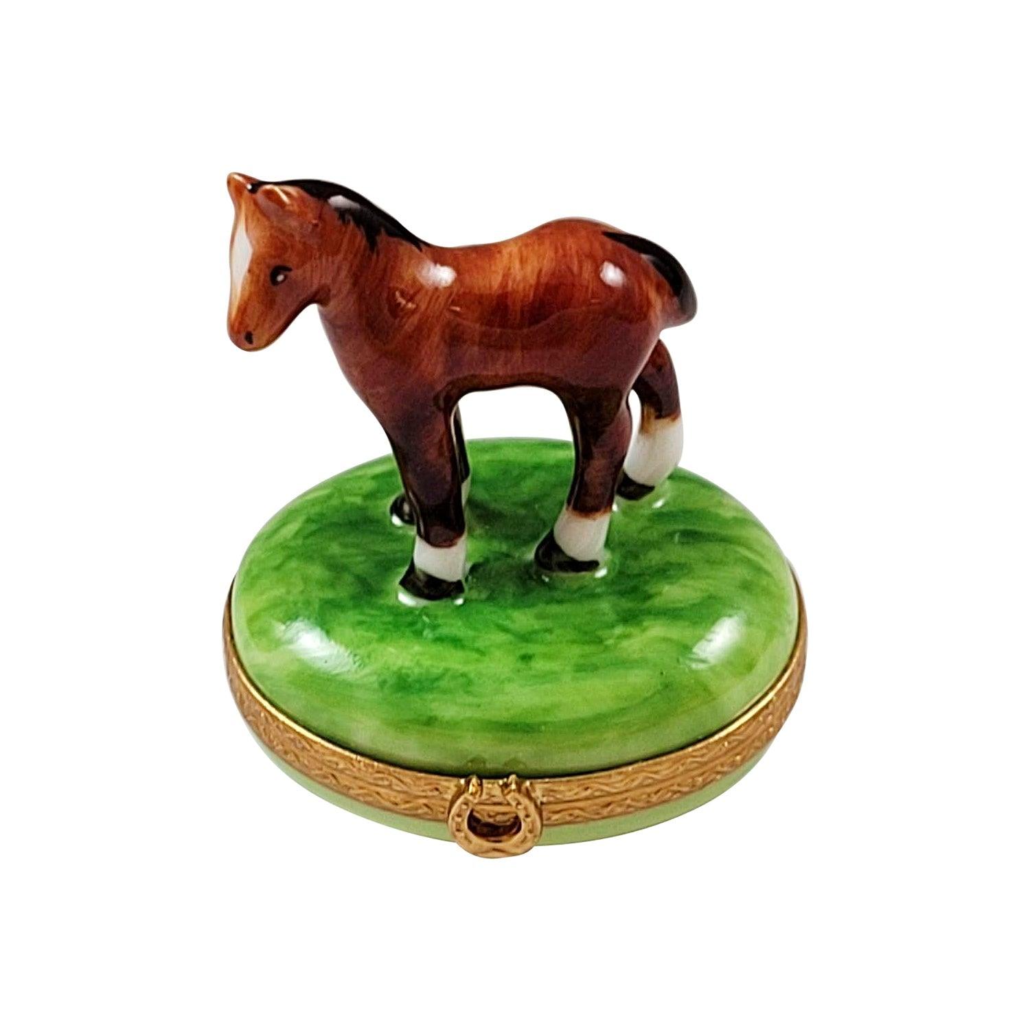 Standing Mini Horse with a Removable Brass Horseshoe Porcelain Limoges farm wild animals French Trinket Box