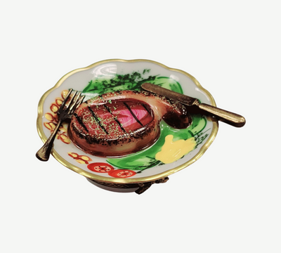 Steak Dinner Limoges Box Figurine Porcelain Limoges Food French Trinket Box