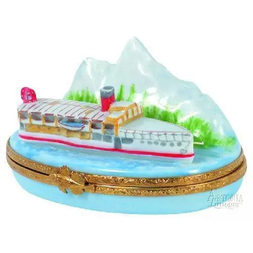 Steamboat Porcelain Limoges Boat moving Vehicle French Trinket Box