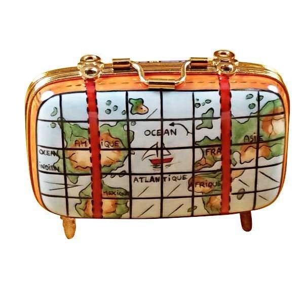 Suitcase with Maps Porcelain Limoges travel French Trinket Box