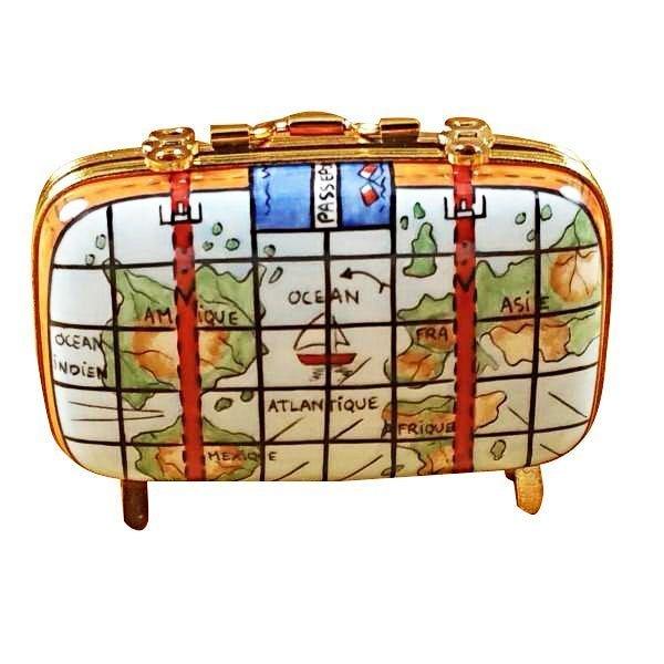 Suitcase with Maps Porcelain Limoges travel French Trinket Box