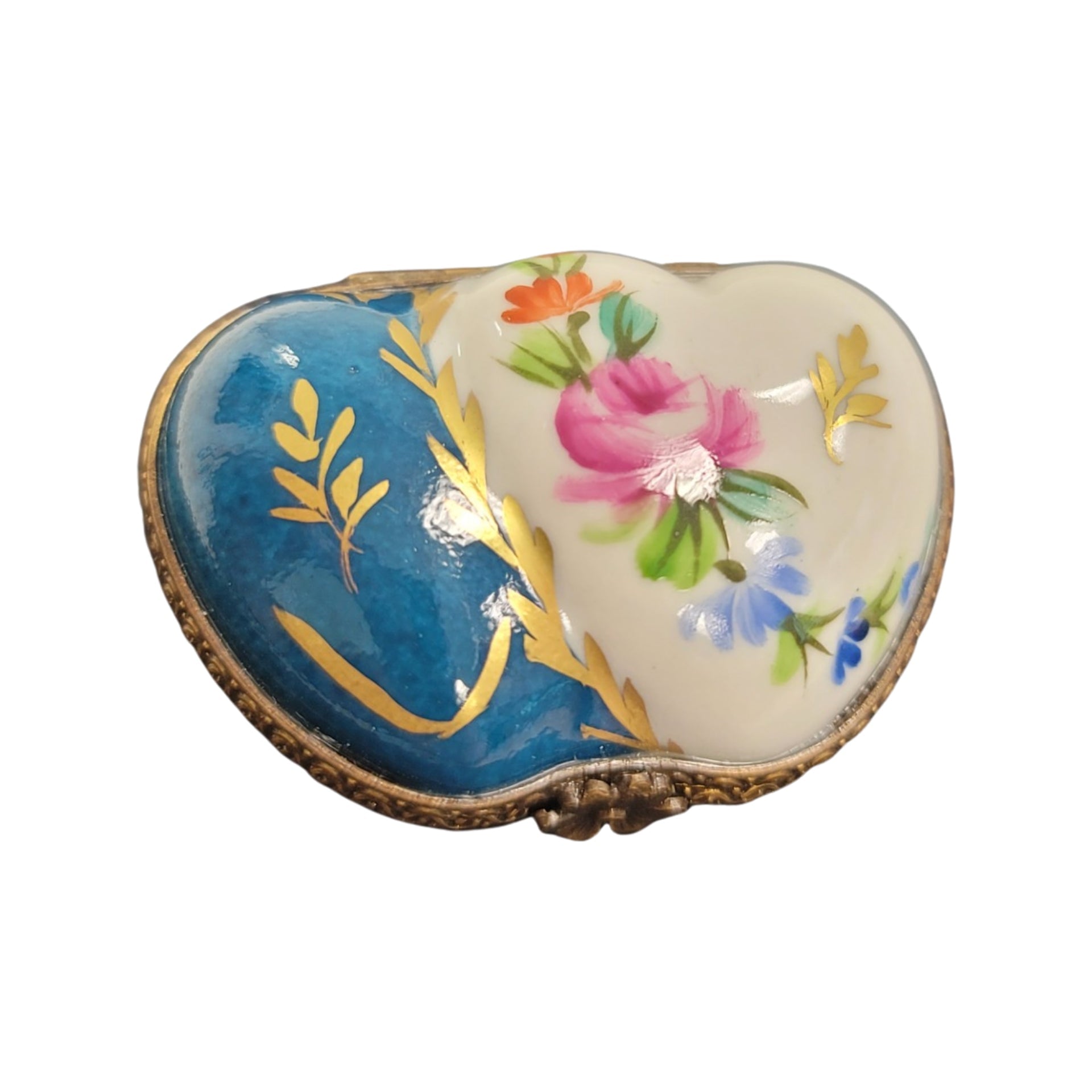 Teal Floral Heart Box Porcelain Limoges heart French Trinket Box