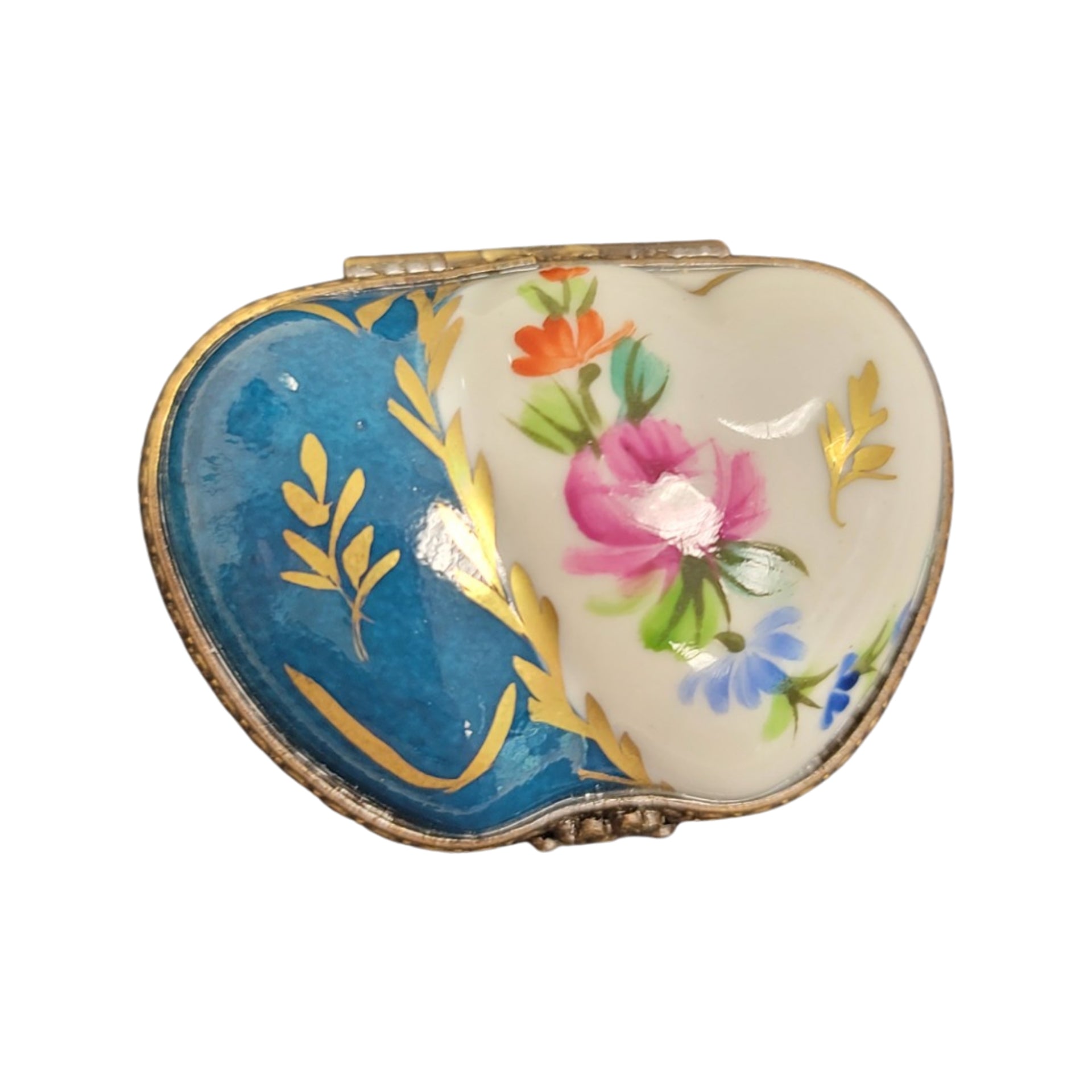 Teal Floral Heart Box Porcelain Limoges heart French Trinket Box