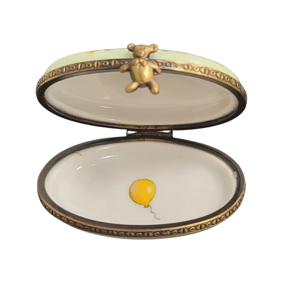 Teddy Bear on Oval Pill Limoges box, hand-painted porcelain made in France
