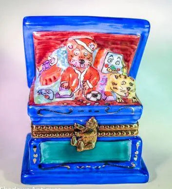 Teddy Bear Chest of Toys from Santa - RARE Porcelain Limoges xmas teddy French Trinket Box