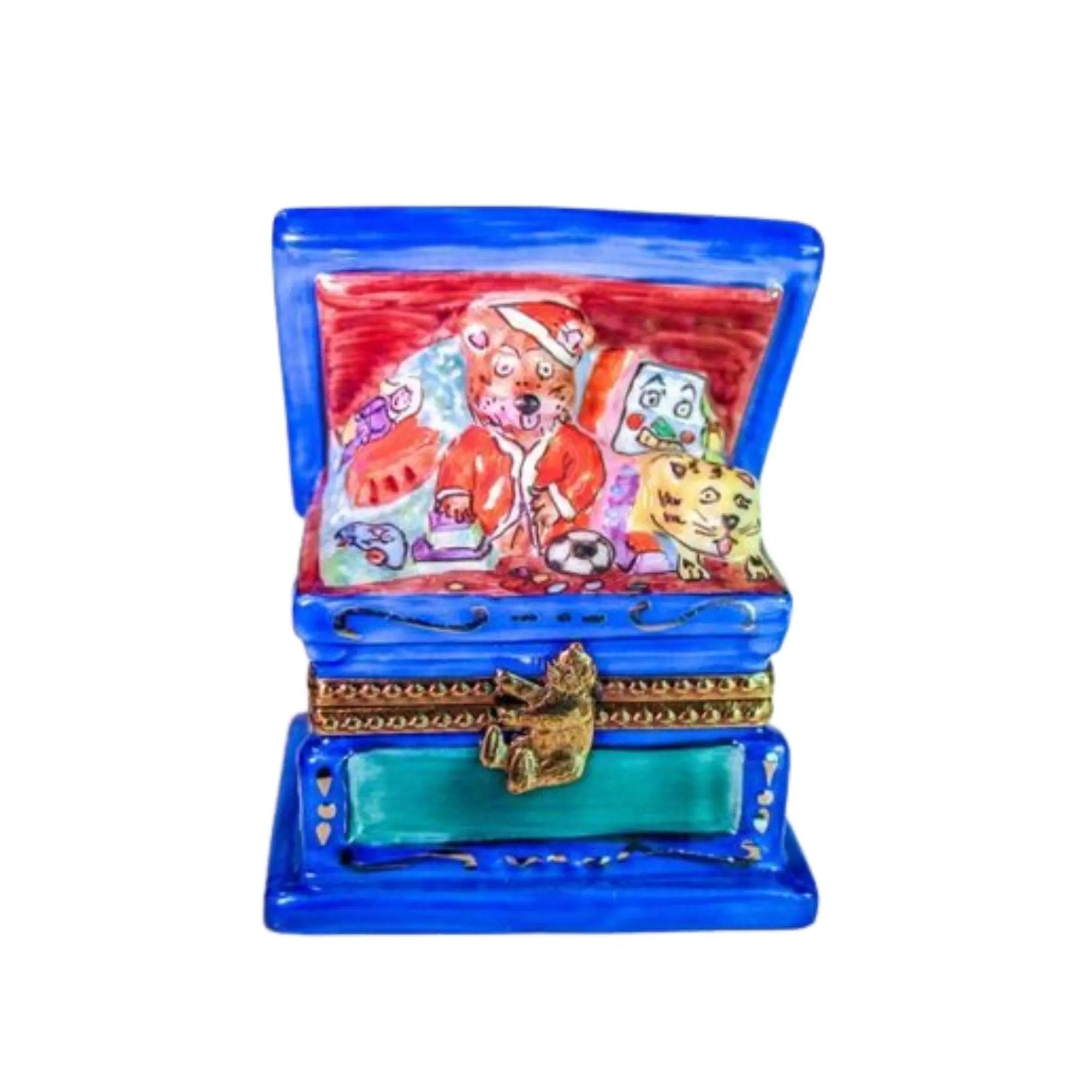 Teddy Bear Chest of Toys from Santa - RARE Porcelain Limoges xmas teddy French Trinket Box