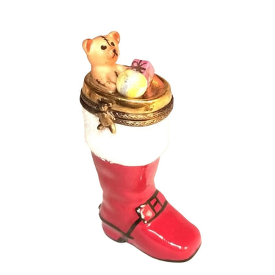 Teddy Bear Christmas Boot Stocking Porcelain Limoges xmas theme Teddy French Trinket Box