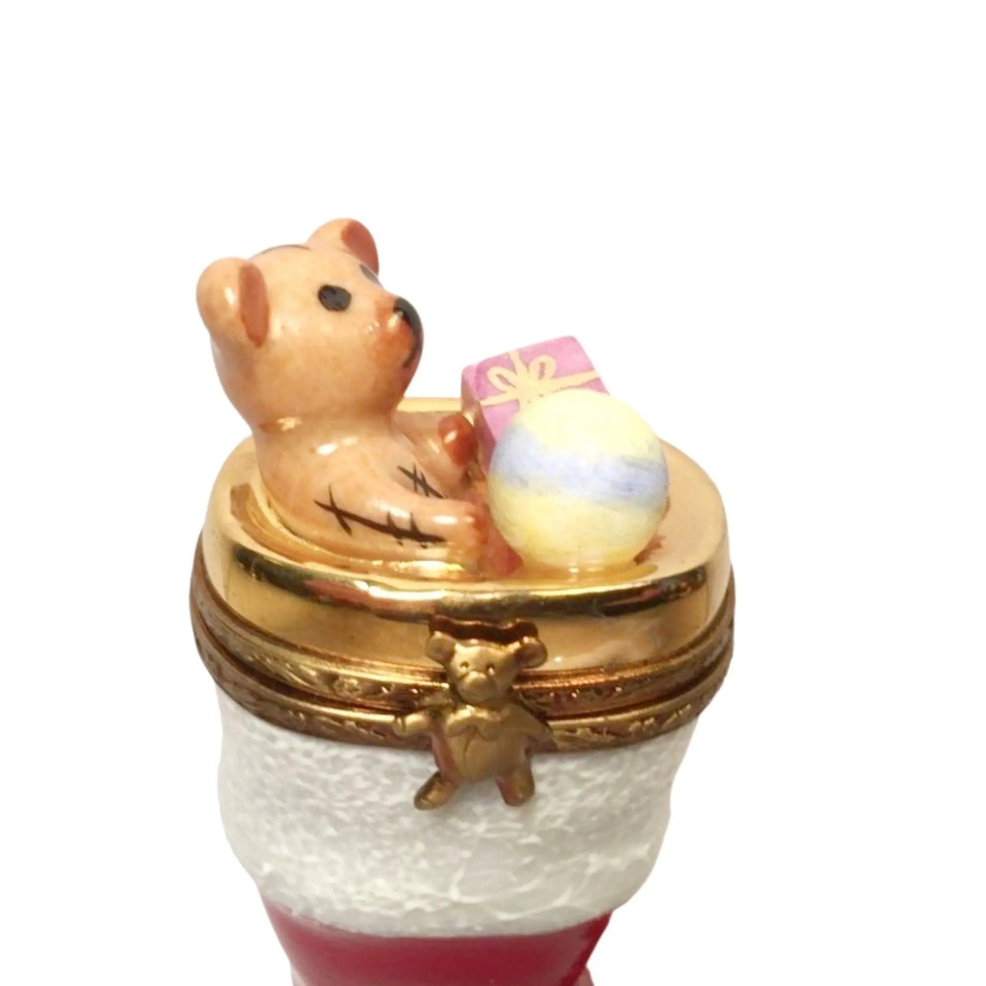 Teddy Bear Christmas Boot Stocking Porcelain Limoges xmas theme Teddy French Trinket Box