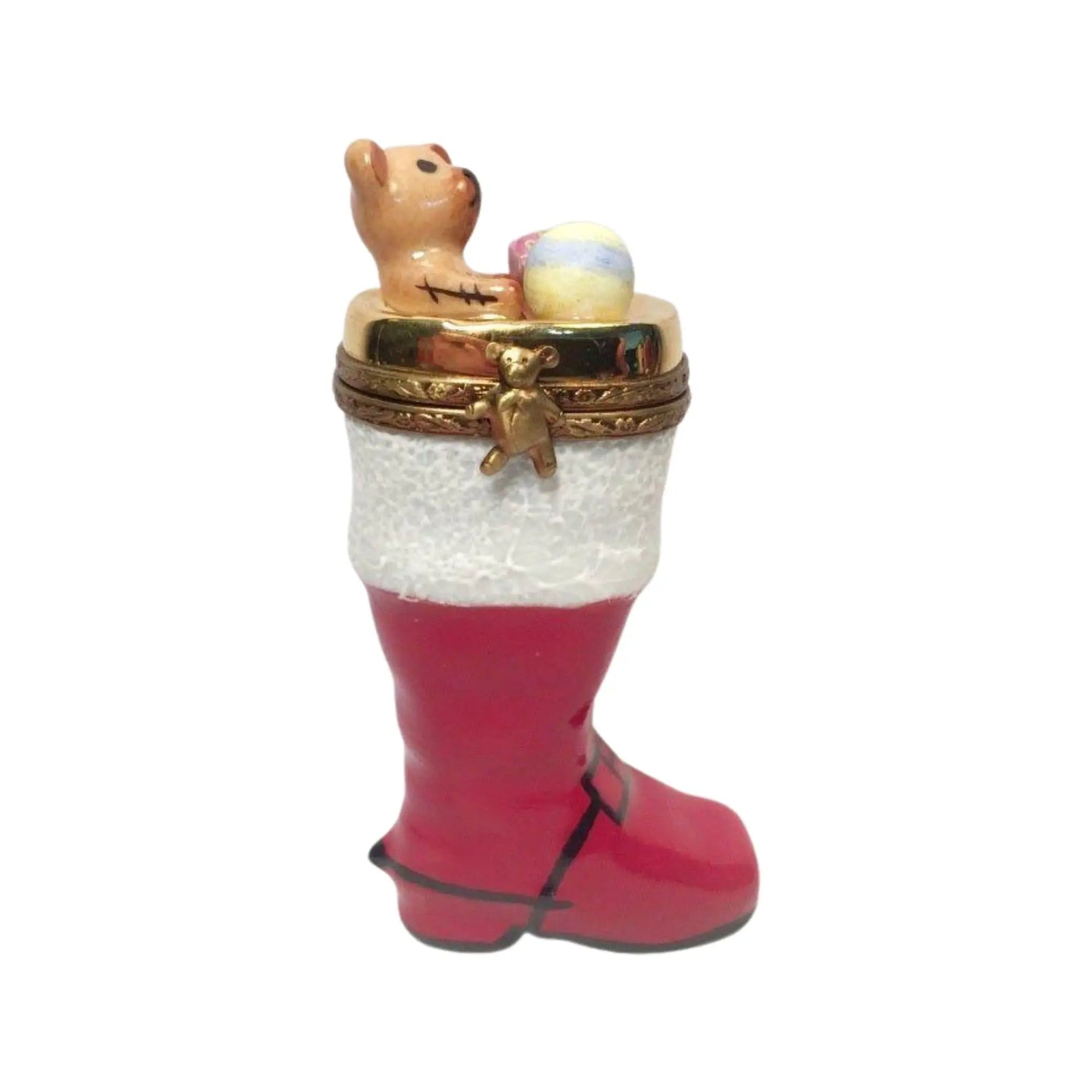Teddy Bear Christmas Boot Stocking Porcelain Limoges xmas theme Teddy French Trinket Box