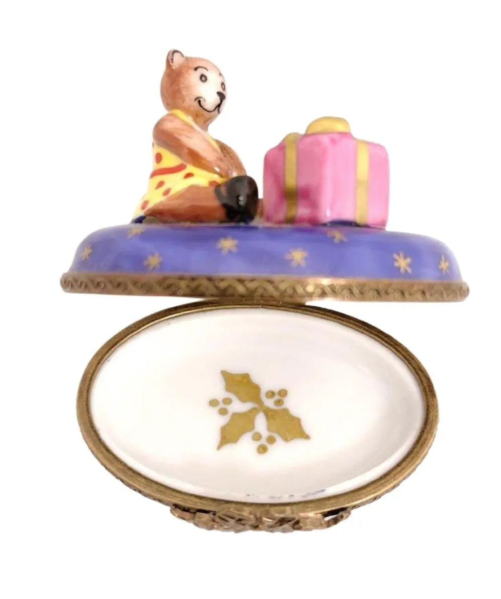 Teddy Bear Christmas Gift Figurine Porcelain Limoges teddy xmas French Trinket Box