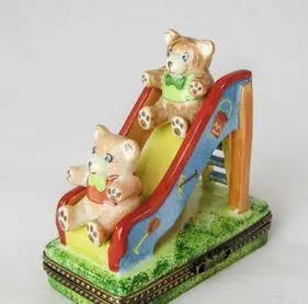 Teddy Bear on Slide Porcelain Limoges Teddy carnival French Trinket Box