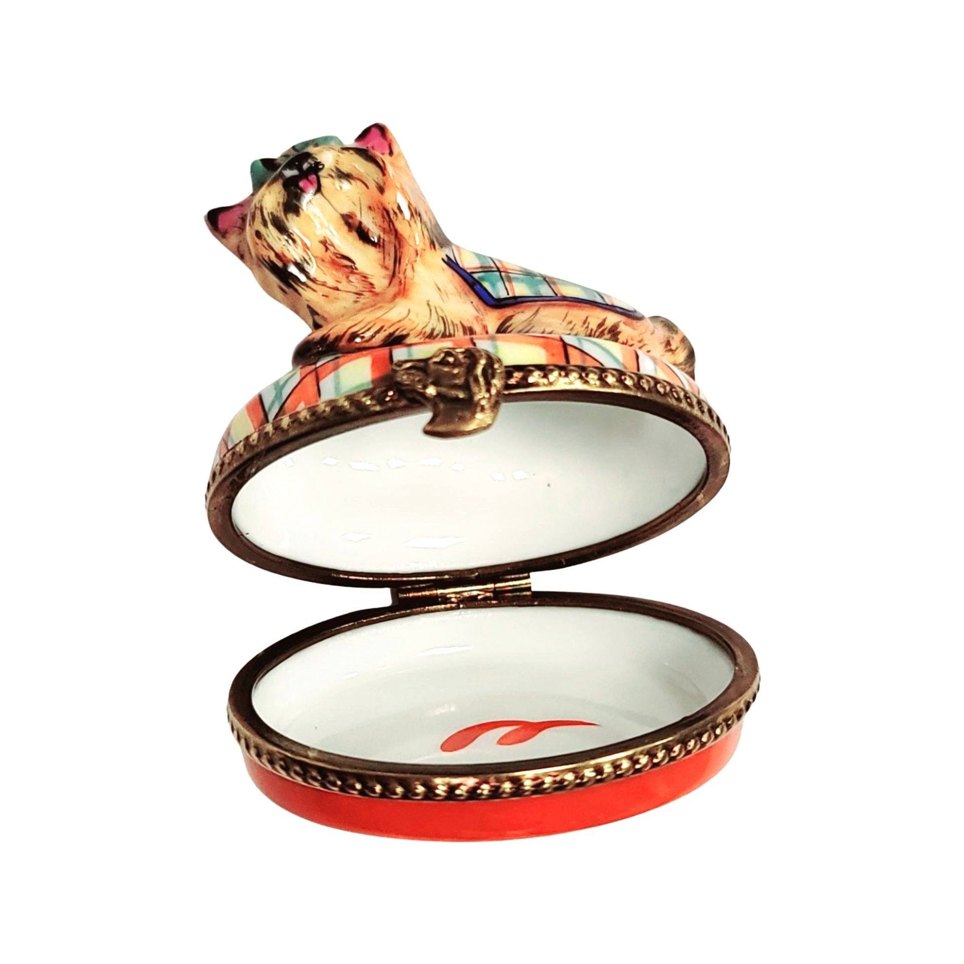 Terrier Dog Plaid Elegance Box Porcelain Limoges dog French Trinket Box