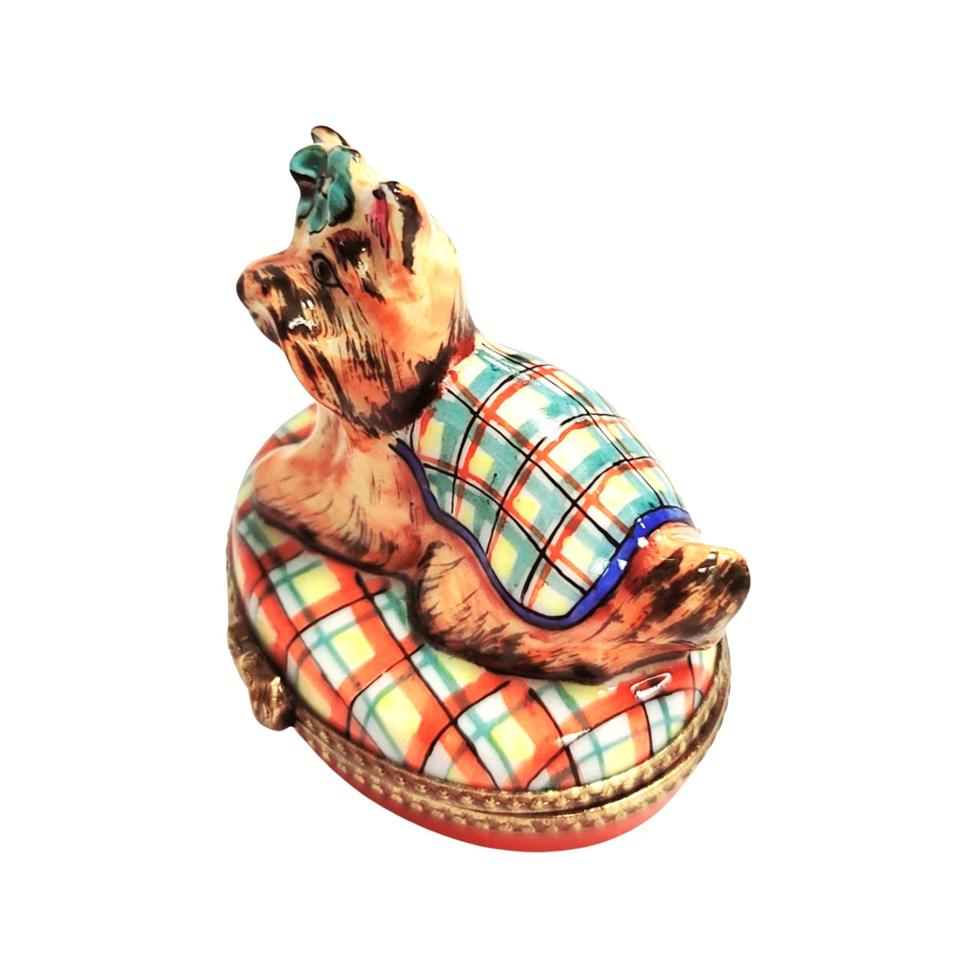 Terrier Dog Plaid Elegance Box Porcelain Limoges dog French Trinket Box