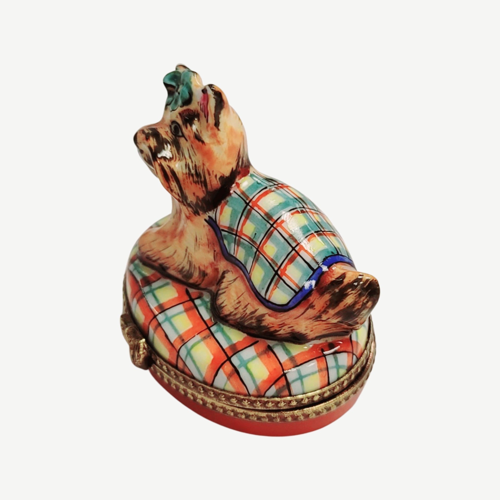 Terrier Dog Plaid Elegance Box Porcelain Limoges dog French Trinket Box