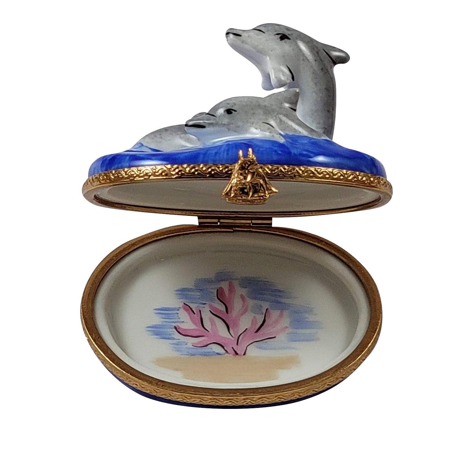 Three Dolphins Porcelain Limoges fish ocean beach French Trinket Box