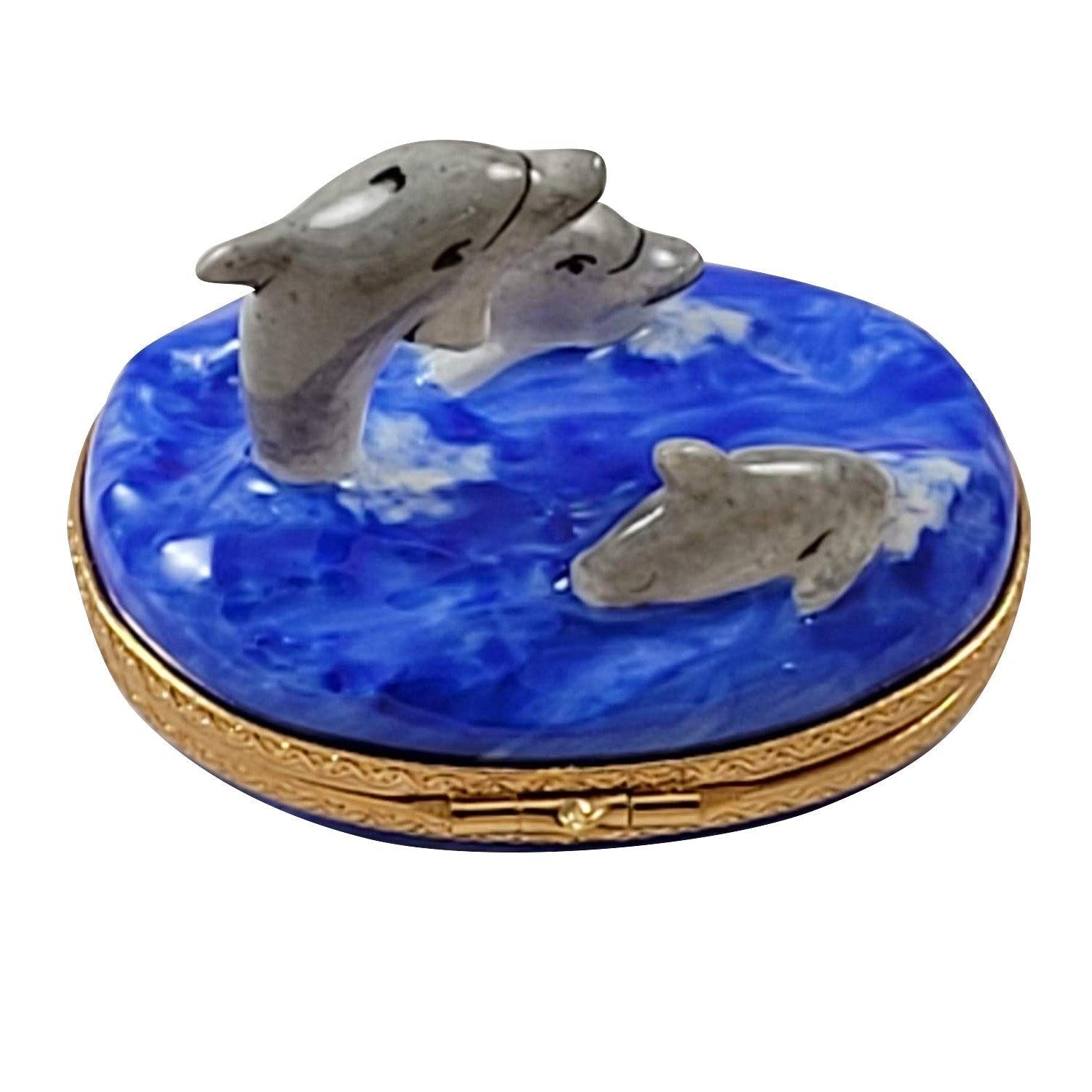 Three Dolphins Porcelain Limoges fish ocean beach French Trinket Box