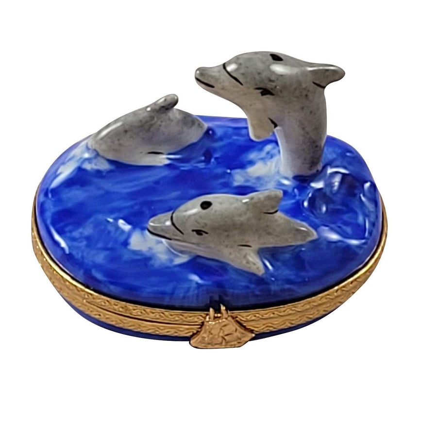 Three Dolphins Porcelain Limoges fish ocean beach French Trinket Box