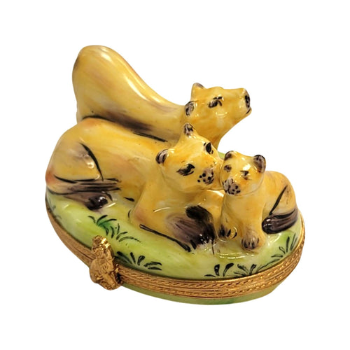 Three Majestic Mountain Lions Porcelain Limoges cat wild French Trinket Box