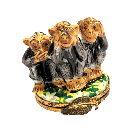 Three Monkeys Hear See Speak Limoges Box Porcelain Figurine-wild animals religion-CH7N143