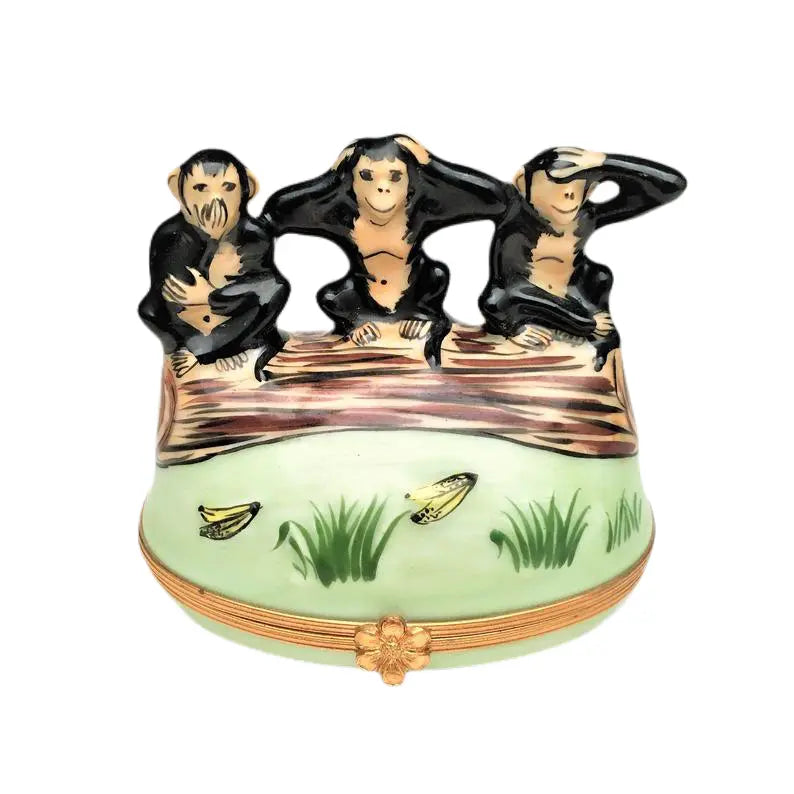 Three Monkeys Mystical Porcelain Limoges religious spiritual wild animals French Trinket Box