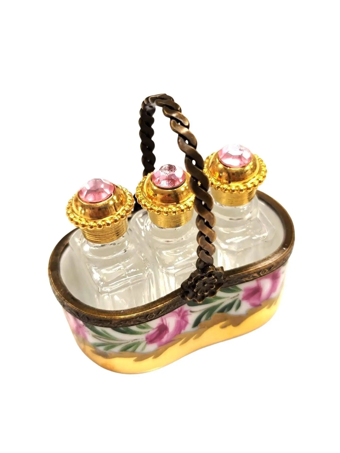 Three Rare Perfumes in Gold Basket Porcelain Limoges Perfume French Trinket Box