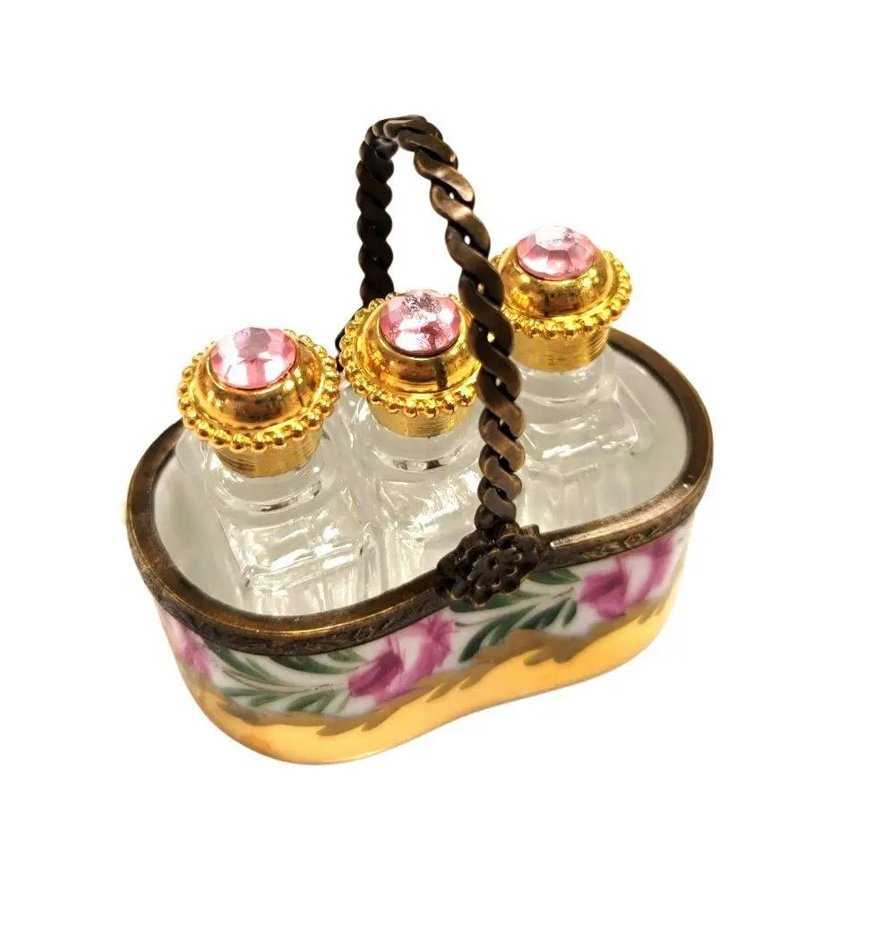 Three Rare Perfumes in Gold Basket Porcelain Limoges Perfume French Trinket Box