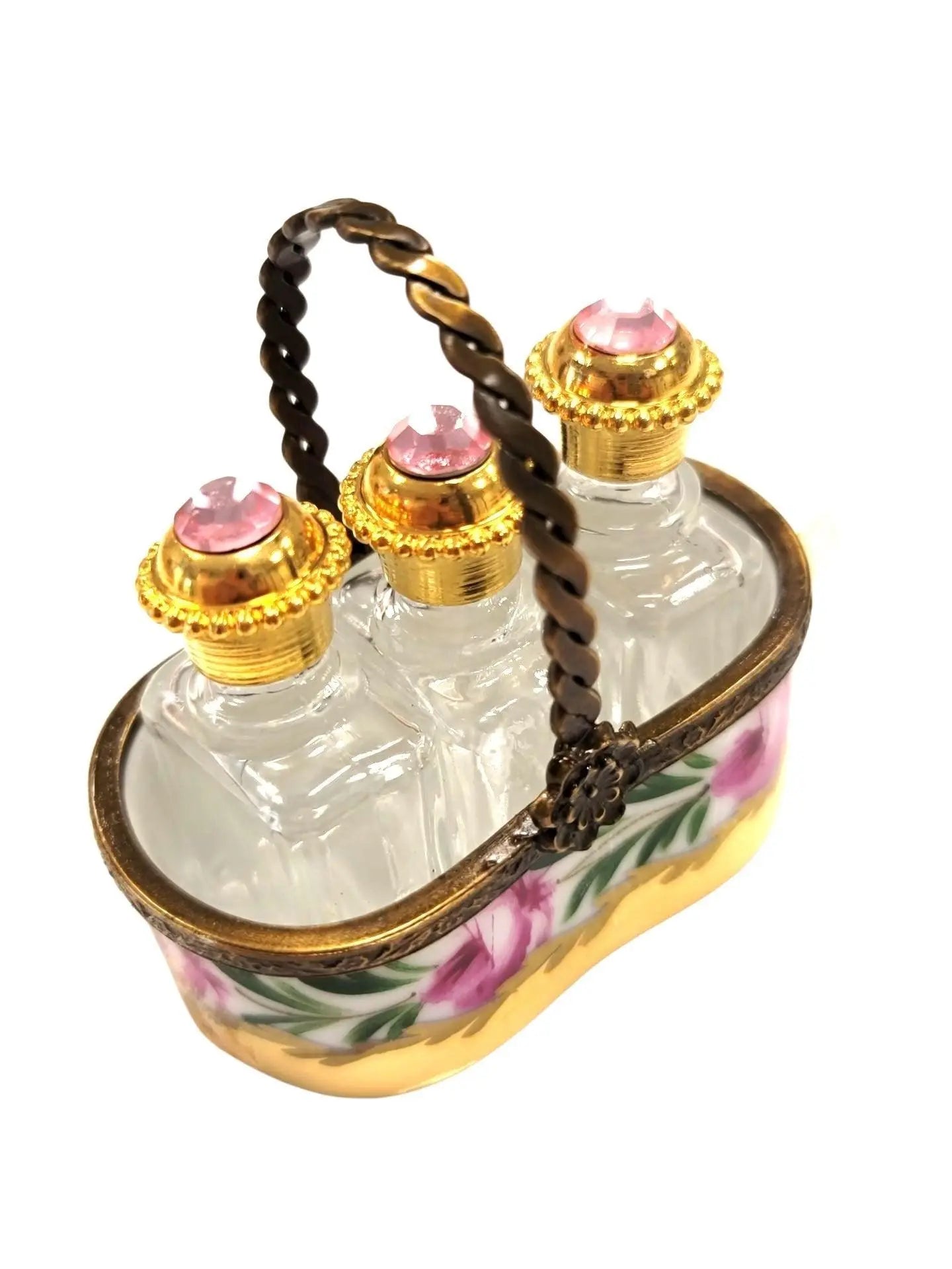 Three Rare Perfumes in Gold Basket Porcelain Limoges Perfume French Trinket Box