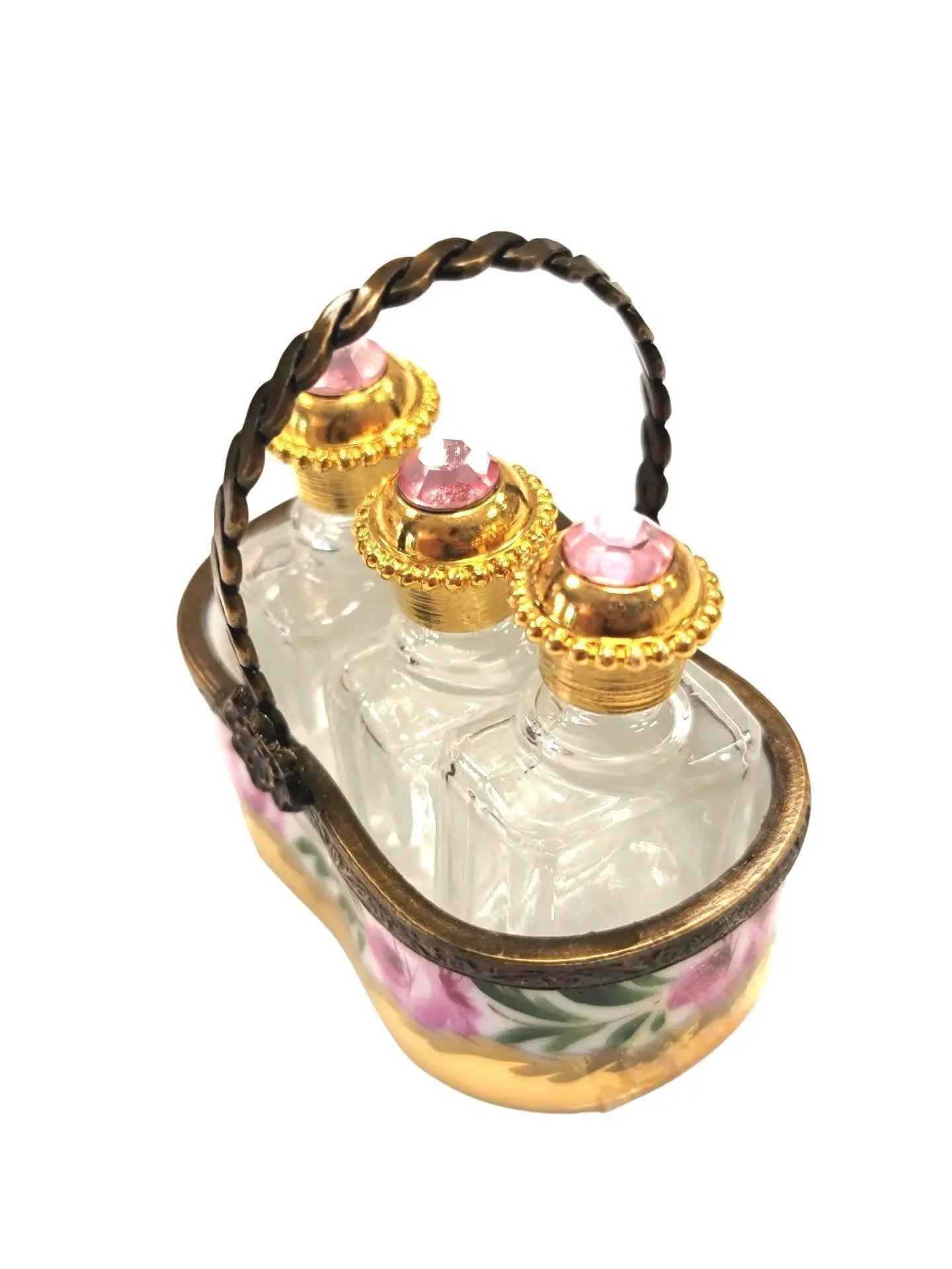 Three Rare Perfumes in Gold Basket Porcelain Limoges Perfume French Trinket Box