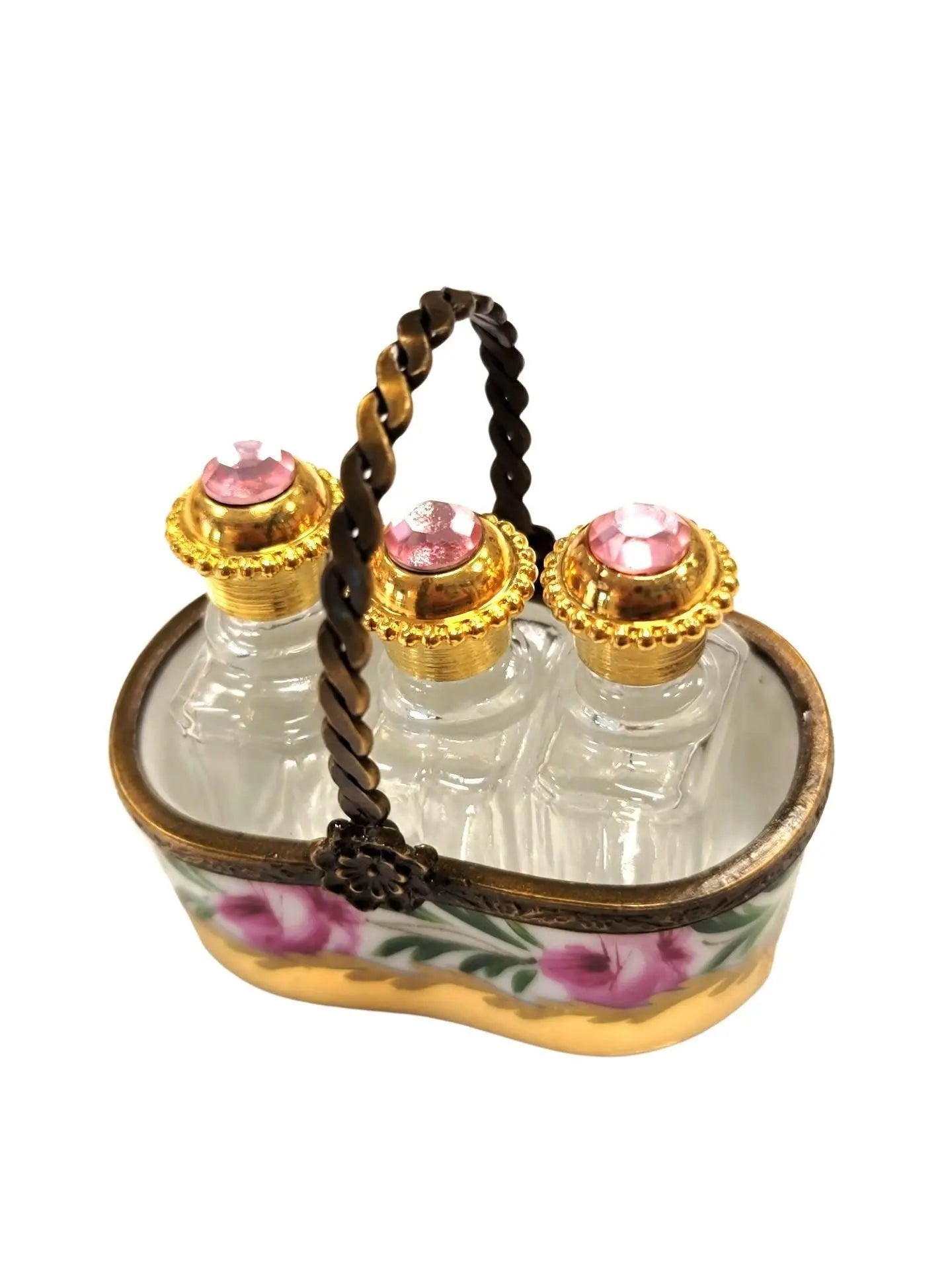 Three Rare Perfumes in Gold Basket Porcelain Limoges Perfume French Trinket Box