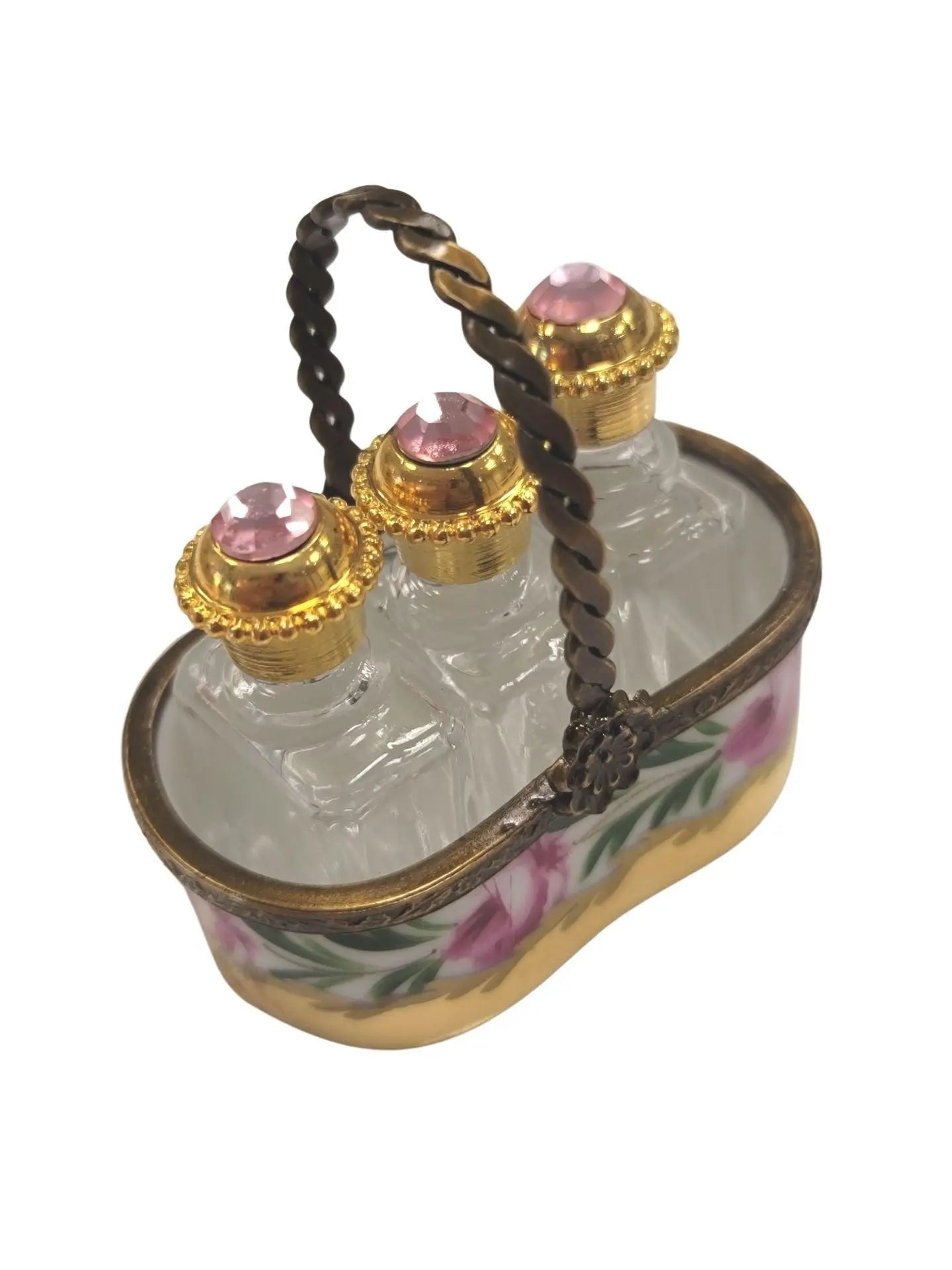 Three Rare Perfumes in Gold Basket Porcelain Limoges Perfume French Trinket Box