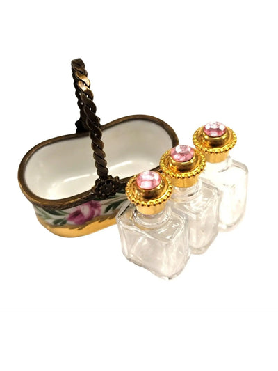Three Rare Perfumes in Gold Basket Porcelain Limoges Perfume French Trinket Box