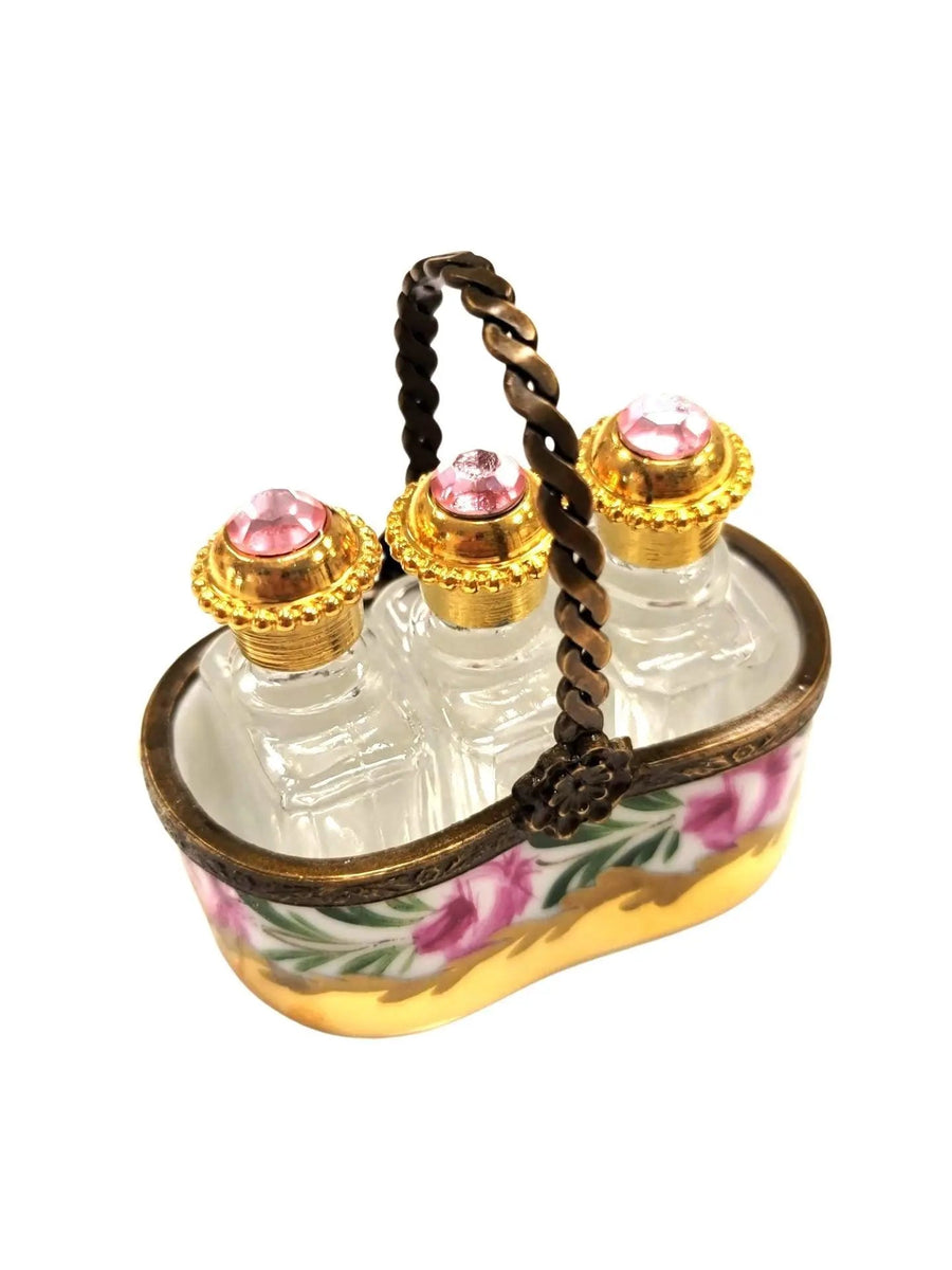 Three Rare Perfumes in Gold Basket Porcelain Limoges Perfume French Trinket Box