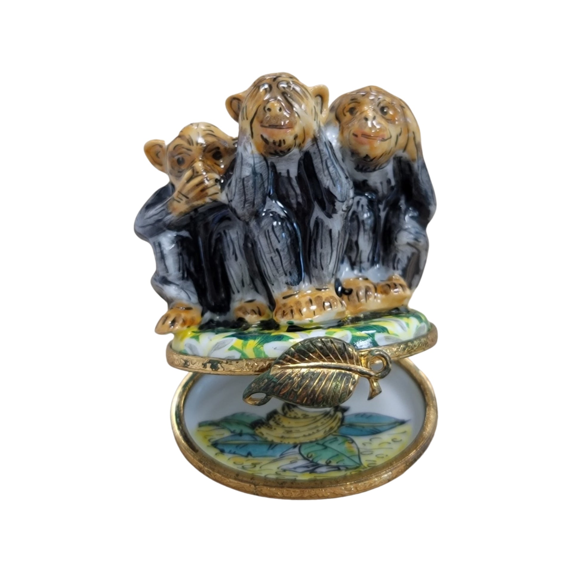 Three Wise Monkeys Figurine Porcelain Limoges wild animals religion French Trinket Box