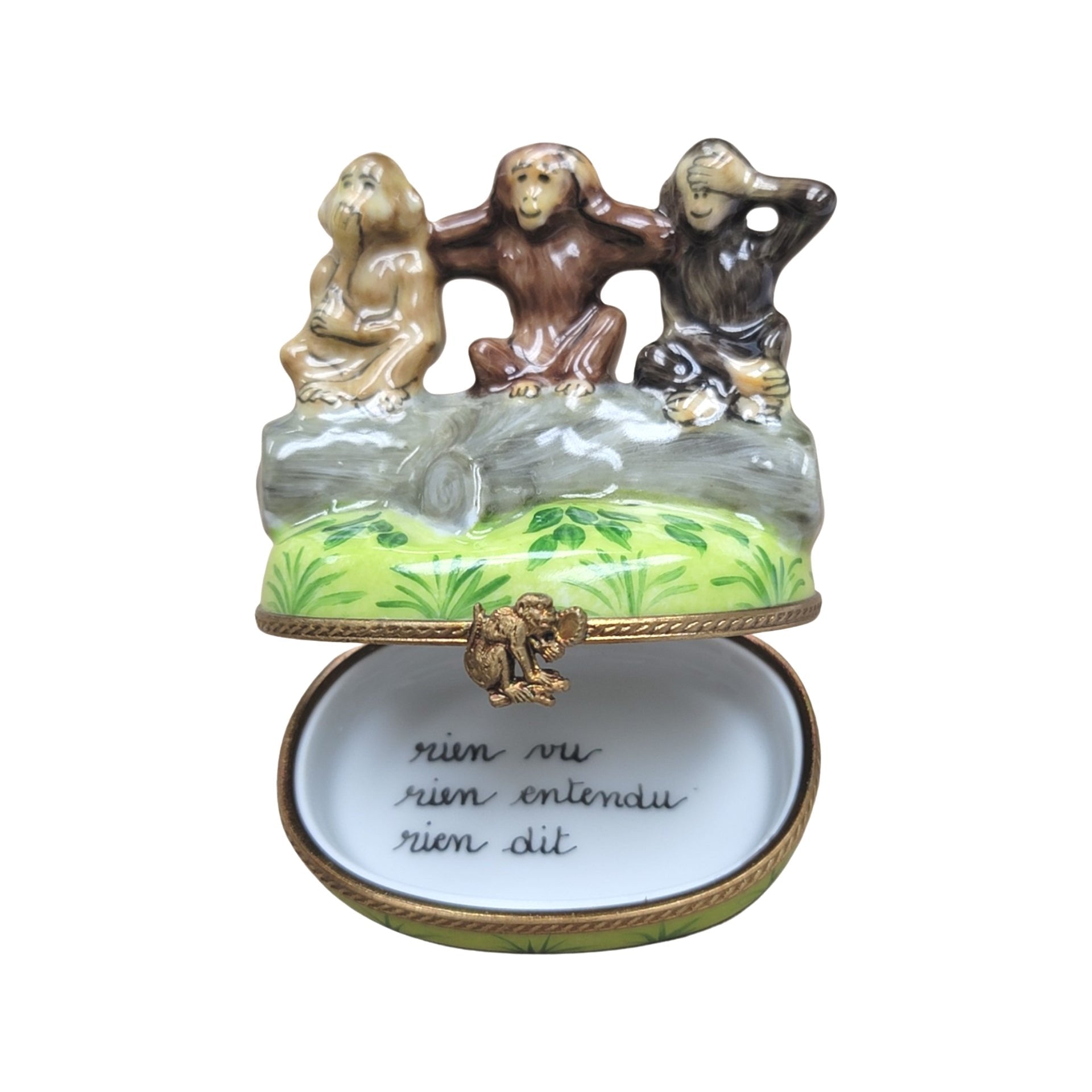 Three Wise Monkeys Figurine Porcelain Limoges wild animals religion French Trinket Box