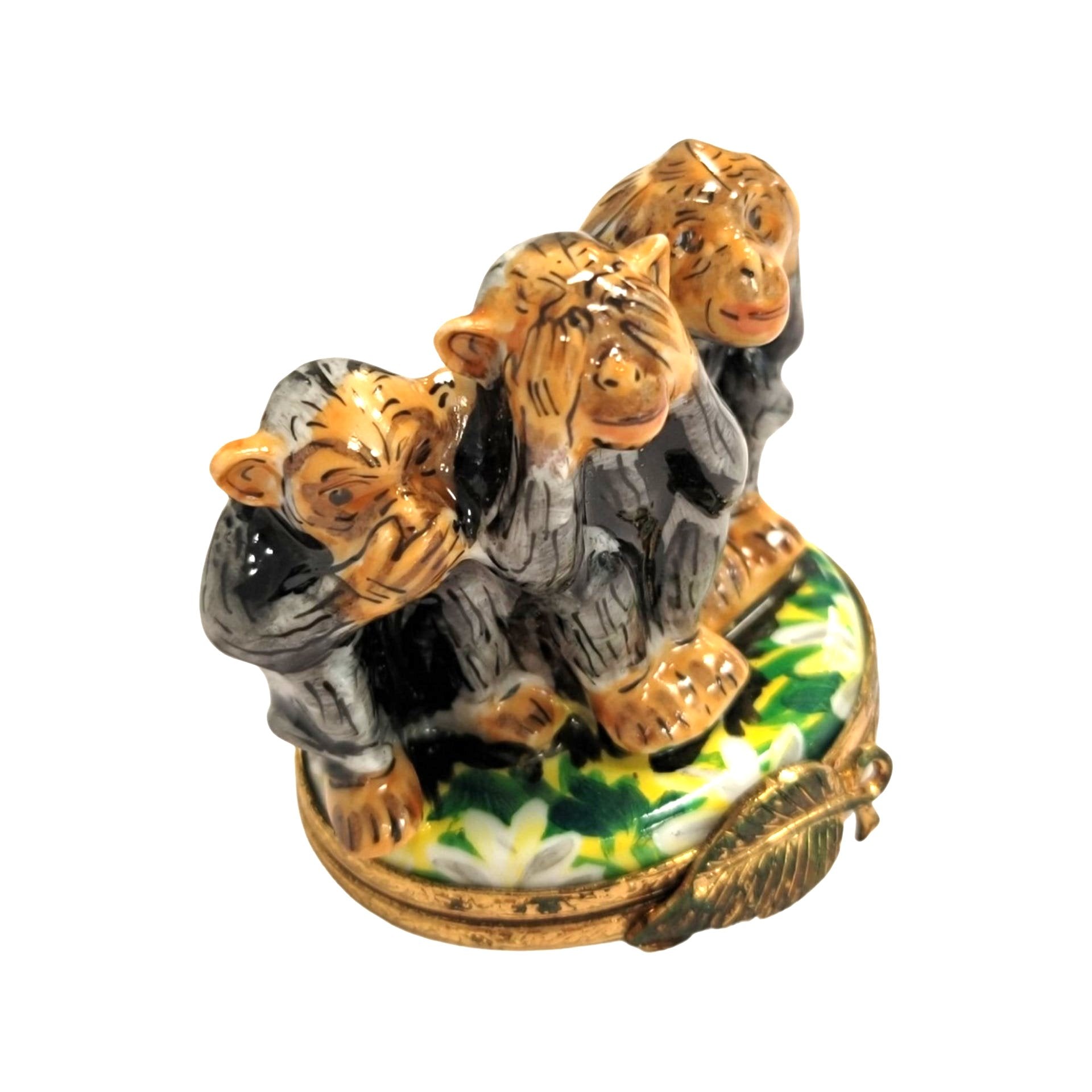 Three Wise Monkeys Figurine Porcelain Limoges wild animals religion French Trinket Box