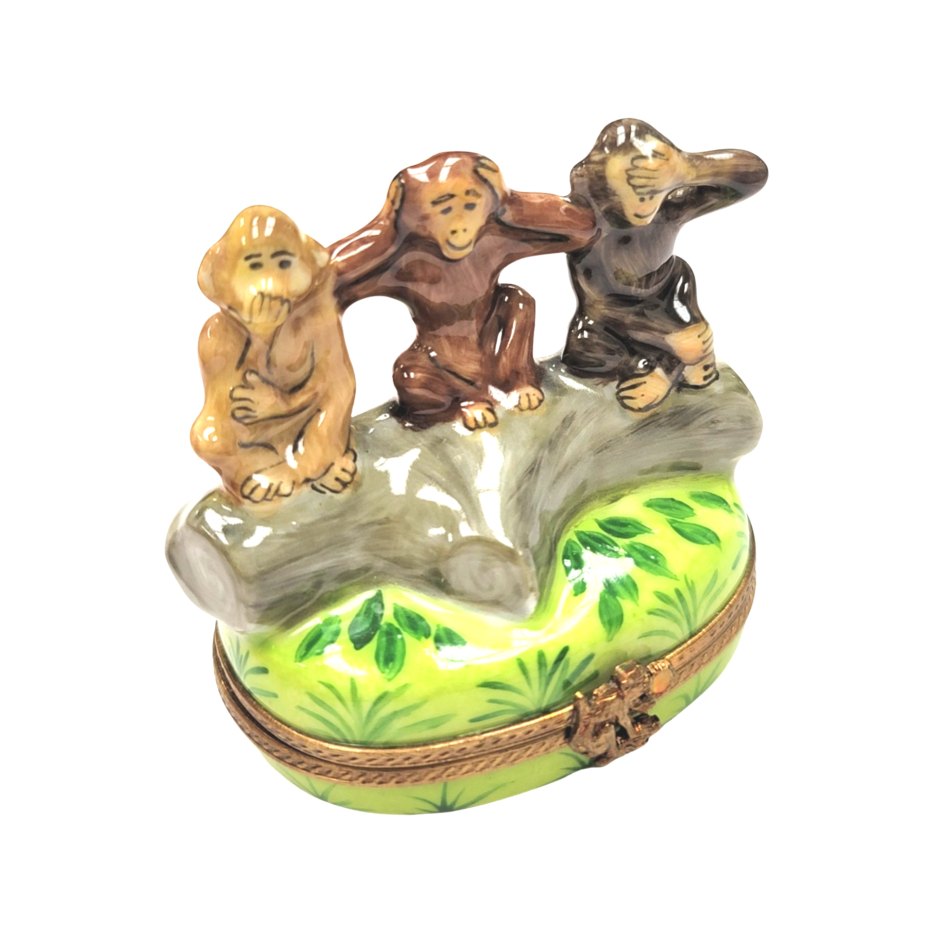 Three Wise Monkeys Figurine Porcelain Limoges wild animals religion French Trinket Box