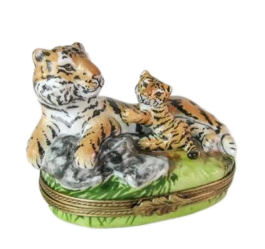 Tiger Cub Playing Porcelain Limoges wild limoges boxes French Trinket Box