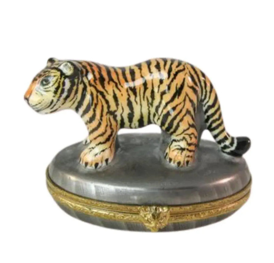 Tiger on Oval Porcelain Limoges wild limoges boxes French Trinket Box